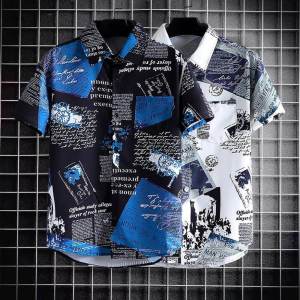 TAILOR  Shirts For Men Hawaiian Style Short Sleeve Shirt Newspaper Print Shirt Korean Summer Shirt