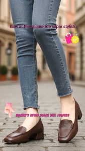 Womens Pumps Loafers Brown Leather Stitched Design Square Toe Low Heel Stylish Comfortable Casual Footwear