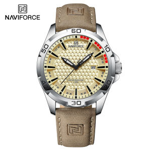 NAVIFORCE Watch for Men Casual Waterproof Wristwatch Brown Strap Original Quartz Multifunction Calendar Watches with Big Dial