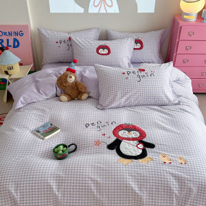 Thickened Pure Cotton Washed Bedding Set Ins Style Cartoon Design 1.5m Bed Sheet Cover Duvet Cover Three Piece Set Skin Friendly