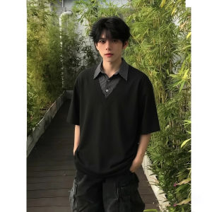OUMULONG | Black Illusion Two-Piece Stylish Plaid Contrast Polo Shirt