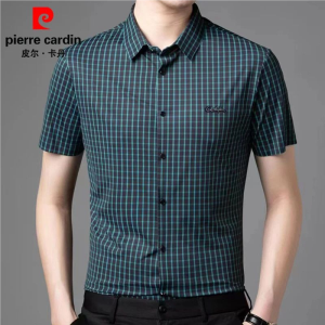 Pierre Cardin Summer Mens Silk Short Sleeve Shirt Mid-Year Business Turn-down Collar Check Ice Silk Half Sleeve Trendy Shirt