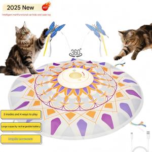 USB Rechargeable 3-in-1 Interactive Cat Teaser Toy 360° Rotating Feathers & Mandala Pattern1200 battery capacity Plastic Design