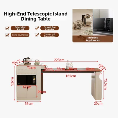 Multi-functional Extendable Foldable Vintage Minimalist Integrated Island Dining Table for Small Spaces