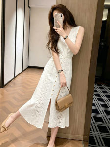 Homecore | French Style White Slimming Lace Hollow Sleeveless Dress