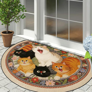VIKAMA Vintage Cat and Floral Half-Circle Doormat Soft Non-Slip Entryway Rug Cottagecore Hallway Bathroom Mat Home Decor