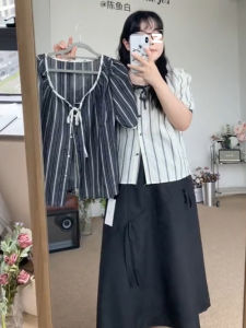 Áo Sơ Mi Nữ Tay Ngắn Kẻ Sọc Cổ Vuông Cỡ Lớn Thiết Kế Che Giấu Mỡ Bụng Mùa Hè Thoải Mái Thường Ngày Chất Liệu Khác 100%