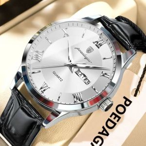POEDAGAR Trendy Men Watch Leather Date Week Luxury Quartz Man Wristwatch Waterproof Luminous Business Casual Mens Watches Reloj