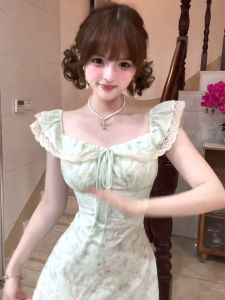 Syj Shuyijia French Sweet Floral Print Halter Dress Womens Slimming Waist Short A-Line Skirt Casual Summer Dresses plus Size