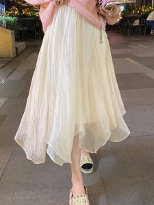 Spring Autumn Irregular Mesh A-Line Mini Skirt Midi Skirt Fashionable Half-length Skirts Natural Waist Pure Color Versatile Style