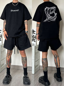 American Style Streetwear Short Sleeve T-Shirt Mens Summer Heavyweight Printed Lettering Small Collar Top Hip Hop Fashion