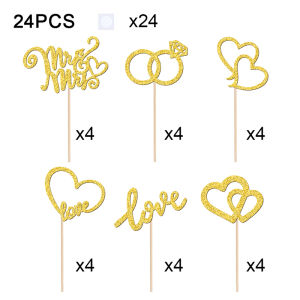 YOMDID 24Pcs Wedding Cupcake Toppers Glitter Mr Mrs Cake Toppers Double Hearts Love Heart Rings Cake Picks Wedding Decorations