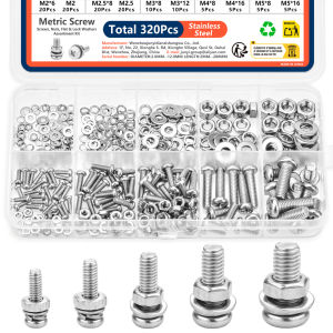 320pcs Stainless Steel M2 M2.5 M3 M4 M5 Screws Nuts Washers Assortment Kit Rustproof Metric Hardware Set for DIY Home Repair Use