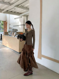 NIHAOKANONG | Chân Váy Dáng A Mid Retro Có Viền Rơi