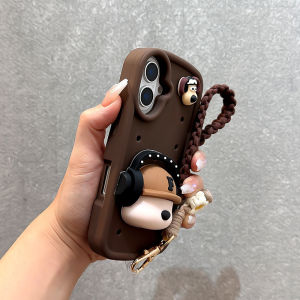 ZhiGe  Phone Case in Brown with Hole Design Silicone Protective Cover Anti-Fall Cute Dog Earphones Simple Style for 12 13 14 15 pro Max