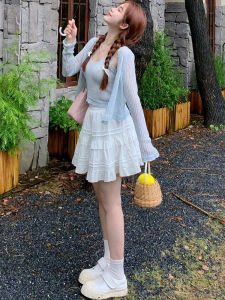 Váy Ngắn Ren Trắng Ngọt Ngào Cạp Cao Mùa Hè Cho Nữ Váy Ngắn Chữ a Xếp Nếp Phong Cách Ballet Váy Xếp Ly