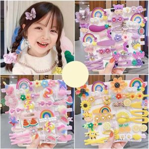 14Pcs Girls Hair Clips Cute Candy Color Cartoon Design Hair Pins Rainbow Flower Fruit Dessert Patterns Cartoon Barrettes Lovely Gifts