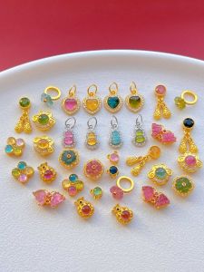 Tourmaline Tự Nhiên Gấu May Mắn Túi Mặt Dây Chuyền S925 Cổ Bạc Mạ Vàng Bầu Đính Hạt Charm Trái Tim Thời Trang Phụ Kiện Trang Sức