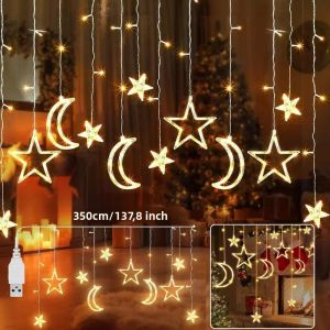 Đèn Rèm Giáng Sinh Chạy Bằng USB Ánh Sáng Trắng Ấm Đèn LED Nhiều Màu Hình Sao Mặt Trăng Trang Trí Cửa Sổ Phòng Ngủ Quà Tặng Giáng Sinh Quà Tặng Năm Mới