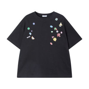 Quick Dry Antibacterial Pure Cotton Short Sleeve T Shirt Childrens Summer New Creative Sticker Printing Casual Loose Fit