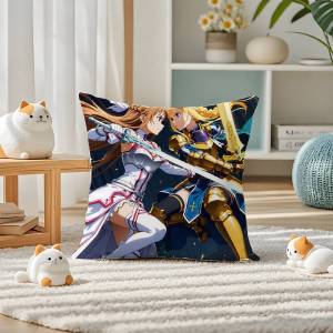 Bandai | Sword Art Online Kirito And Asuna Anime Plush Pillow Cover Soft Short Plush Cushion Cover For Sofa Bedroom Home Decor Gift