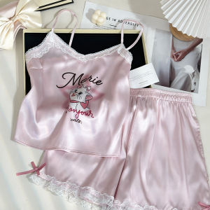 Kuromi ผู้หญิง Ice ผ้าไหม ชุดนอน ฤดูร้อน ชุดอยู่บ้านแขนสั้นบางพร้อมแผ่นรองหน้าอก การ์ตูน น่ารัก สั้น กางเกง สองชิ้น