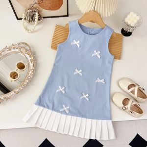 Korean Version Fashion Summer 3-7Y Girls Casual Princess Dresses Round Neck Bow Sleeveless Kids Clothes