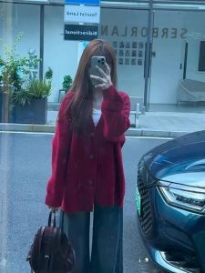 Korean Style Soft Red Knitted Sweater Coat Womens Loose V-Neck Long Sleeve Top Retro Lazy Fashion Autumn Winter New Arrival
