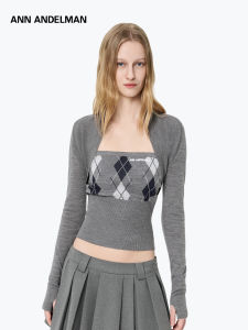 ANN ANDELMAN | Knitted Tank Top and Sleeveless Cardigan Set Ribbed Check Pattern