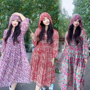 ชุดเดรสยาวแขนสั้นลายดอกไม้พร้อมฮู้ดสำหรับผู้หญิงในช่วงฤดูร้อน แฟชั่นสุดเก๋ ชุดเดรสชายหาดระดับไฮเอนด์ เสื้อผ้าผู้หญิง