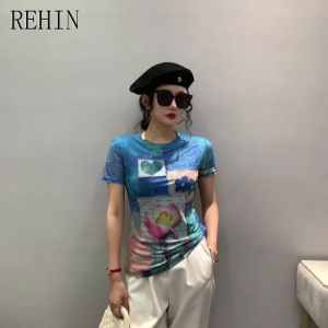 REHIN Áo Thun Tay Ngắn In Họa Tiết Thiết Kế Thiết Kế Áo Mới Lưới Thời Trang Mùa Hè Mẫu Hình Độc Đáo Cho Nữ Áo Cánh Mỏng Xu Hướng Thanh Lịch S-3XL Cổ Tròn