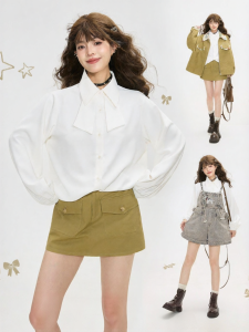 KEIKO | Áo Sơ Mi Dài Tay Trắng Đơn Giản Eo Dây Thanh Lịch Chống Nhăn