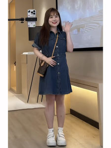 พลัสไซส์ ผู้หญิง Vintage Dark เดนิม สั้น เดรส พรางหุ่น สูง เอว กระโปรงทรงเอ สไตล์เกาหลี รายละเอียดปุ่มเดินทาง ฤดูร้อน เดรส