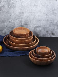 Walnut Wood Salad Bowl Whole Wood round Deep Dish Fruit Bowl Retro Storage Bowl Japanese Style Solid Color round Bowl