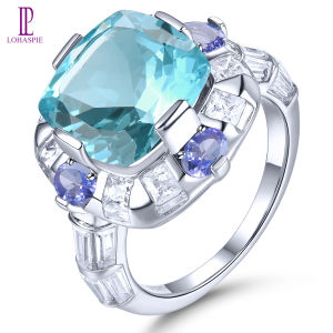 Lohaspie Jewelry Real 9.8 Carats Solid Sterling Silver 925 Ring Natural Sky Blue Topaz Ring Silver 925 Original Ring Engagement Ring For Women 925 Silver Ring With Stone Jewelry