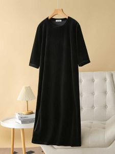 ชุดเดรสยาวทรงหลวมสไตล์เกาหลีสีดำ แขนยาว ทรงเอ เดรสผ้ากำมะหยี่ ทรงเข้ารูป แฟชั่นฤดูใบไม้ร่วง สำหรับผู้หญิงไซส์ใหญ่