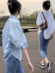 Shalldoer | Batwing Sleeve Puff Sleeve Loose White Shirt Casual 5/6 Sleeve Top