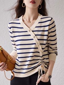 WANGGONGZHU | Princess Style Womens Knitted V-Neck Striped Base Shirt Slimming Top Fashionable Inner Wear Sweater Korean Commute Style Long Sleeve