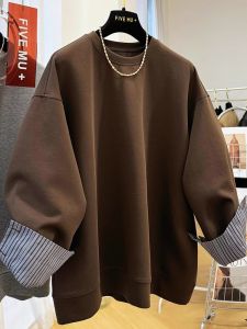 Extra Large 300 Pounds Shirt Patchwork Fake Two-Piece Loose Fit round Neck Sweatshirt for Men Autumn Winter Comfortable Casual Wear