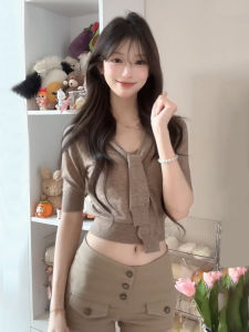 Summer Butterfly Knot Shoulder Wrap Short Sleeve Knitted T-Shirt Womens Slimming Top V-Neck Casual Comfortable Lazy Shirt