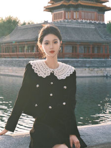 Áo Khoác Nhung Cỡ Lớn Kiểu Pháp Cổ Búp Bê Váy Chữ a Cạp Cao Bộ Đồ Sang Trọng Quần Áo Công Sở Phong Cách Hàn Quốc Mùa Thu 2023