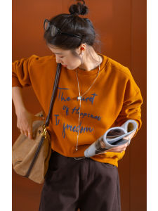 Fleece Lined Cotton Blend Letter Print Womens Casual Loose Round Neck Sweater