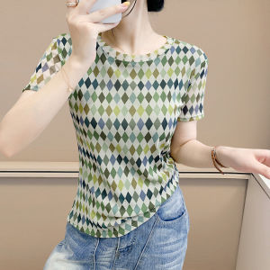 Yimei Áo Thun Nữ Ca Rô 2025 mùa hè hoài cổ mới áo cổ tròn lưới đàn hồi đa năng Áo Thun ngoại cỡ ôm vừa