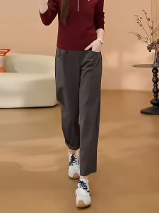 Fashionable Fleece Lined Thickened Casual Comfortable Breathable Autumn Winter Knife Edge Pants High Waist Straight Leg Fit