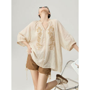 GULILI | Bohemian Yellow Embroidery Five-fifths Sleeve Linen Blouse Sun Protection Shirt