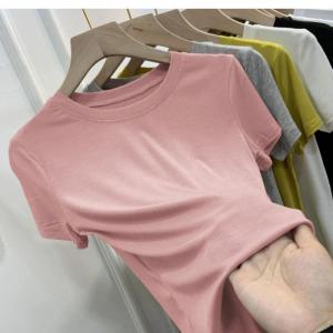 Slim Fit Short Sleeve T-Shirt Womens Summer New Style Ice Silk Thread White Thin Base Shirt Versatile Pure Color Trendy Top