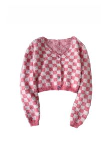 เสื้อคาร์ดิแกนถักสีชมพูลายสก็อตแขนยาวสไตล์หวานสำหรับผู้หญิง เสื้อคลุมกันหนาวแบบสั้น ฤดูใบไม้ผลิและฤดูใบไม้ร่วง