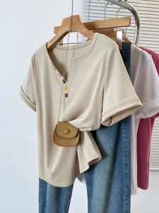 Summer Womens Short Sleeve T-Shirt Rainbow Button V-Neck Loose Fit Cotton Sweat-Wicking Princes Style Casual Versatile Top