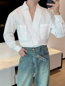 Fashionable V-Neck Loose Long Sleeve Mens Shirt Pure Color Simple Match British Style Polyester Fiber No Ironing Required