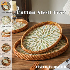 Vision Oval Rattan Trays With Mother Of Pearl Japanese Rattan Fruit Plate Coffee Table Decor Serving Trays Household Snack Plate Tea Snack Tray
